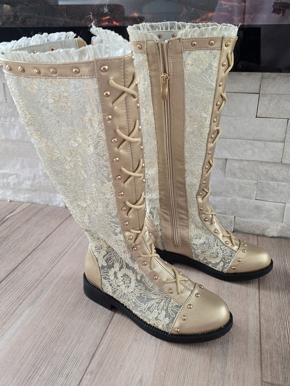 Trish Scully GRAMERCY BOOT GOLD lace tall big girl size 1